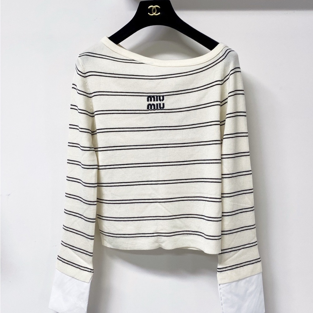 Miu Miu Cream Striped Long-Sleeve Knit Top